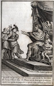 Theodosius I. (Flavius Theodosius) (347-395), římský císař, nechal zatknout Amphiloque, předchůdce Icone, za neúctu k jeho synovi Arcadiusovi (377-408). Eveque prohlašuje: „Když chráníme ariány, kteří popírají božství Ježíše Krista, syna Božího, musíme od Unknown artist