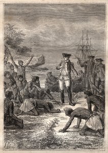 Třetí plavba (1776-1779) od kapitána Jamese Cooka (1728-1779): Cook je vítán domorodci (Havaj) - ilustrace převzata z „Velkých námořníků 18. století““ od Unknown artist