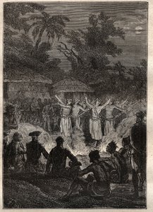 Třetí plavba (1776-1779) kapitána Jamese Cooka (1728-1779): hostina na ostrovech přátel (Království Tonga, Polynésie) - ilustrace převzata z „Velkých námořníků 18. století““ od Unknown artist