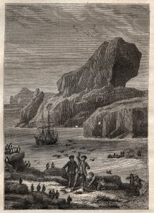 Třetí plavba (1776-1779) kapitána Jamese Cooka (1728-1779): ostrovy Kerguelen (souostroví Kerguelen, Antarktida) - ilustrace převzata z „“ The Great Mariners of the 18th century““ od Unknown artist