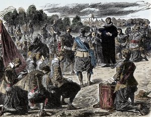 Třicetiletá válka: Švédové při modlitbě před bitvou u Luetzenu – Třicetiletá válka (1618-1648): Švédský král Gustav II Adolf (1594-1632) a jeho vojáci se shromáždili na náboženské oslavě před bitvou u Lutzenu (1632) od Unknown artist