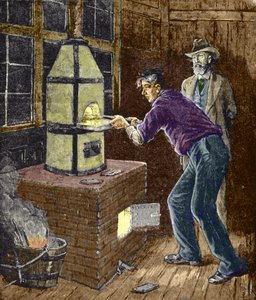 Thomas Edison experimentuje kolem roku 1879 s uhlíkovým papírem pro žárovku. od Unknown artist