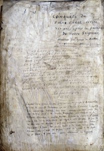 Titulní strana rukopisu: Dobytí Saint Gréal, napsaného 717 let po utrpení našeho pána. Bibliotheque Municipale de Rennes, ms. 255 (Sbírka románů Kulatého stolu); Paříž od Unknown artist