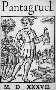 Titulní strana vydání Pantagruel z roku 1537, od Francoise Rabelaise – Obr Pantagruel a dva jeho apoštolové, z ‚Učedníka de Pantagruel‘ od Unknown artist