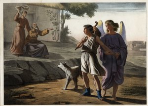 Tobieho odchod v doprovodu anděla (zdraví ho rodiče, včetně Tobita, jeho otce). Anonymní rytina z poloviny 19. století. od Unknown artist