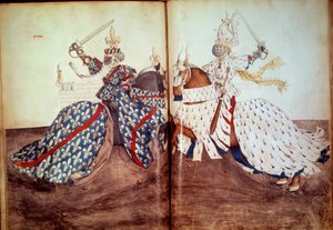 Turnaj: Hra volajícího a obžalovaného pána (tvář vévody z Bretaně a vévody z Bourbonu). Rukopis “”Kniha turnajů”” (Folio 32v - folio33) od Rene d