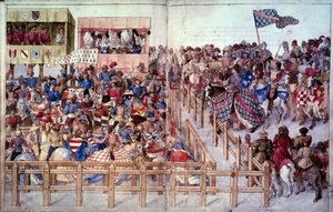 Turnaj: Točící rytíři skládají přísahu v soutěži před tribunami pánů. Miniatura v „Traite des turnajích““ od Unknown artist