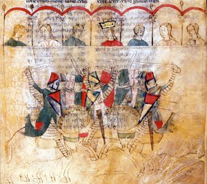 Turnajová scéna podle rukopisu „Lancelot du Lac“ ze 13. století. Biblioteca Nazionale Marciana Benátky. od Unknown artist