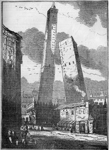 Boloňské věže - věž Asinelli a menší věž Garisenda - rytina 19. stol. od Unknown artist