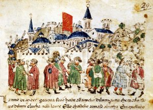 Putovní poutníci přijíždějí do Říma. 14. století. Letopisy Sercambi. Lucca, Národní archiv. od Unknown artist