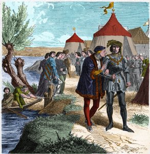 Conflansova smlouva z 5.10.1465 mezi francouzským králem Ludvíkem XI. a Charlesem de Charolais (později Charlesem Temerairem) ukončující povstání šlechticů neboli Ligu veřejného dobra. Rytina v „“ Histoire De France En Cent Paintings od Paula Lehugeura „“  od Unknown artist