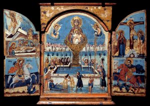 Triptych Panny Marie, zdroj života Centrální panel: Panna přechází přes zázračnou fontánu vody. Vlevo vzkříšení a uložení. Dole rytíř (Saint George) srážející draka. Vpravo ukřižování a rytířská hříčka od Unknown artist