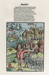 Trojan: Řečtí válečníci opouštějí koně, jakmile překročí městské hradby. Eneide. Xylografie od Sebastiana Branta. Štrasburk od Unknown artist