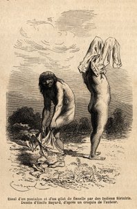 Dva indiáni ze Siriniris se snaží obléknout kalhoty a vestu, které člen expedice nechal sušit na břehu jezer na úpatí hory Basiri (Peru). Engravure pour illustrrer le voyage dans les vallees de Quinquinas (Peru), Paul Marcoy, v od Unknown artist