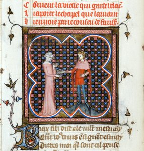 ""Mladý muž a stará žena"" Iluminovaná stránka z rukopisu ""Le Roman de la Rose"" Guillaume de Lorris (kolem 1200-1238) a Jean de Meun (Meung) (1240-1305) kolem 1353 Švýcarsko Ženevská knihovna od Unknown artist