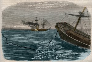 Podvodní telegrafické linky: Položení podmořského kabelu (ponorka) Rytina z roku 1857. od Unknown artist