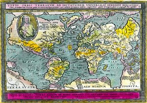 Univerzální geografická mapa (mapa světa) z roku 1596. Rytina. Soukromá sbírka. od Unknown artist
