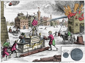 Použití požárního čerpadla hasičským záchranným sborem. Rytina z „“Theatrum Machinarum novum”” od Georga Andrease Bocklera (1644-1698) od Unknown artist