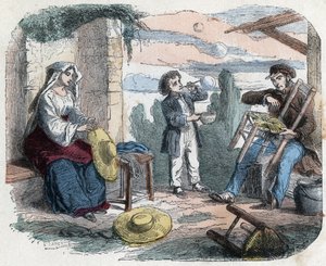 Využití slámy v 19. století: muž zdobí židli slámou, žena plete klobouky (košíkář), dítě dělá brčkem mýdlové bubliny. Rytina konce 19. století. od Unknown artist