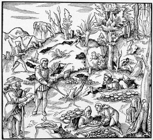 Použití kouzelného kbelíku k hledání pokladů země – v „The Book of Mines““ od Agricoly od Unknown artist
