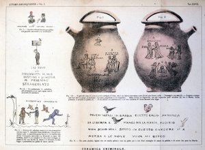 Různé ilustrace a nápisy zanechané zločinci na keramických vázách: studie Cesare Lombroso (1835-1909), italského kriminalisty ve filmu „Zločinec“ (L
