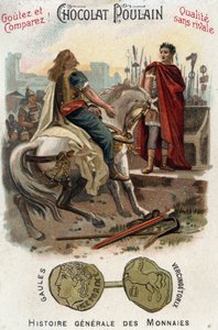 Vercingetorix (72-46 př. n. l.), vůdce galského povstání, skládá zbraně k nohám Césara (100-44 př. n. l.), poté co definitivně ztratil město Alesia - V obecné historii mincí - Chocolate-Foal Chromolitography z pozd. 19. století - vojín Coll od Unknown artist