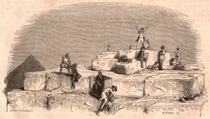 Pohled z vrcholu Velké Chufuovy pyramidy: skupina Evropanů přijíždějících na vrchol s pomocí Egypťanů od Unknown