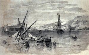 Pohled na Korfu v Řecku z ostrova Vido. Rytina z počátku 19. století od Unknown artist