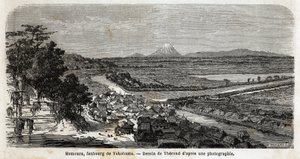 Pohled na Homoura, předměstí Jokohamy, s horou Fuji v pozadí. Rytina k ilustraci plavby do Japonska v letech 1863-1864 od Aime Humberta, ministra Švýcarské konfederace, v „Le tour du monde, nouveau journal des voyages“, publikovaném pod od Unknown artist