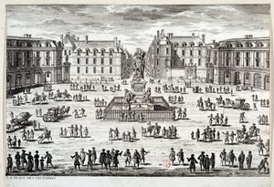 Pohled na Place des Victoires v Paříži se sochou Ludvíka XIV. zvednutou marechalem de la Feuillade v roce 1686. Rytina Paříže ze 17. století, Musee Carnavalet od Unknown artist