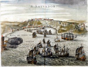 Pohled na Salvador, dříve známý jako Bahia, hlavní město Brazílie v roce 1549, kdy bylo založeno - Rytina 16. století od Unknown artist