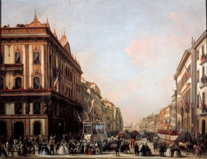 Pohled na ulici Venezia s karnevalovým plavidlem, Milán (malba od Unknown artist
