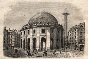 Pohled na halle au ble v Paříži (postavena v letech 1763-1769) a Medicejský sloup, rytina začátek 19. století - burza pšenice a kukuřice v Paříži (postavena v letech 1763-1769), rytina počátek 19. století - Vue de la Halle au ble, umístěn na současném Hote od Unknown artist