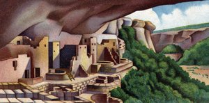 Pohled na Cliff Palace (Ancient Pueblo Building) Mesa Verde National Park, USA (Pohled na Cliff Palace, největší skalní obydlí v Severní Americe, stavba postavená starověkými obyvateli Pueblo se nachází v národním parku Mesa Verde, Colorado, USA) 30. léta  od Unknown Artist