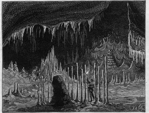 Pohled na „Církevní síň““ v jeskyni Dargilan (Lozere). Gravírování v „“ La Nature. Revue des sciences et de ses applications aux arts et a l