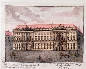 Pohled na hotel kancléřství Boheme a Rakouska ve Vídni, Rakousko. Rytina ze soukromé sbírky z roku 1815 od Unknown artist