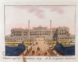Pohled na císařský zámek Schonbrunn (Schonbrun) (16.-17. století) nedaleko Vídně, Rakousko Rytina z roku 1815 Soukromá sbírka od Unknown artist