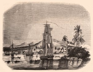 Pohled na záliv Papeete a blok Queen, Tahiti, Francouzská Polynésie a v popředí plachetnice a lodě od Unknown
