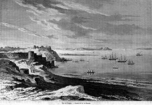 Pohled na záliv opevněného města Tanger a pobřeží, Maroko. Rytina z roku 1860. od Unknown artist