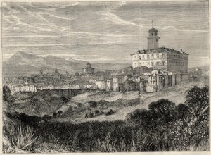 Pohled na město Monterotondo (Monte Rotondo, Monte-Rotondo) v Itálii. Gravírování v "" L
