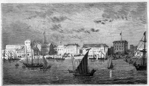 Pohled na město Zanzibar v Africe. Vlevo francouzský konzulát. Vpravo sultánův palác a arzenál. Rytina do „The Universe Ilustrious“ od Unknown artist