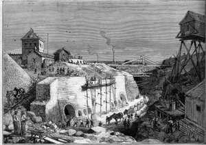 Pohled na staveniště nádrží na pitnou vodu ve Villejuif. Gravírování v „“ Le Monde Illustré““ č. 1300 z 25. února od Unknown artist