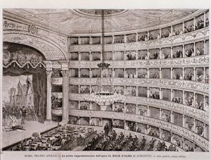 Pohled na první představení opery Vévoda z Alby v Teatro Apollo v Římě od Unknown artist