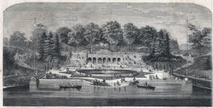 Pohled na zahradu ""Central Park"" v New Yorku, Spojené státy americké. Architektura Fredericka Lawa Olmsteda (1822-1903) a (1824-1895) ve čtvrti Manhattan. Gravírování v „The Illustrious Universe“ od Unknown artist