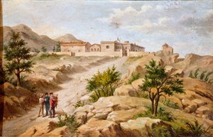 Pohled na dům italského patriota a hrdinů Risorgimento Giuseppe Garibaldi (1807-1882) a Caprera (Sardinie) Garibaldi je se dvěma rolníky vlevo na obrázku. Anonymní obraz římského Museo del Risorgimento z 19. století od Unknown artist