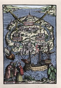 Pohled na ostrov Utopie (Utopie) z knihy Thomase Mora (1478-1535), „“Optimální stav republiky, která nově izoluje Utopii“. Vyryl Johann Froben. 1518. od Unknown artist