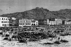 Pohled na pochod Aden v Habeši. Rytina kolem roku 1880 od Unknown artist