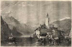 Pohled na klášter Mater Ecclesiae na ostrově Saint Jules (Saint Jules) (San Giulio) na jezeře Orta (jezero Cusio) v Itálii. Rytina podle obrazu Williama Collingwooda Smithe (1815-1887). V „The Illustrated London News“ z 22. března od Unknown artist