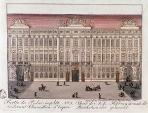 Pohled na část císařského paláce s názvem Chancery of Empire ve Vídni. Rakousko. Rytina ze soukromé sbírky z roku 1815 od Unknown artist