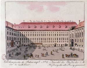 Pohled na část císařského paláce s názvem Starý dvůr ve Vídni. Rakousko. Rytina ze soukromé sbírky z roku 1815 od Unknown artist